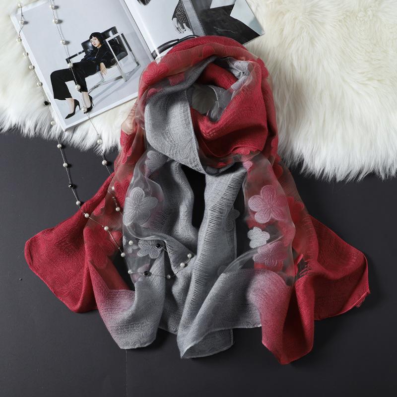 Women Cut Flowers Hollow Lace Gradient Silk Scarf Spring Shawls and Wraps Towel Femme Beach Sjaals