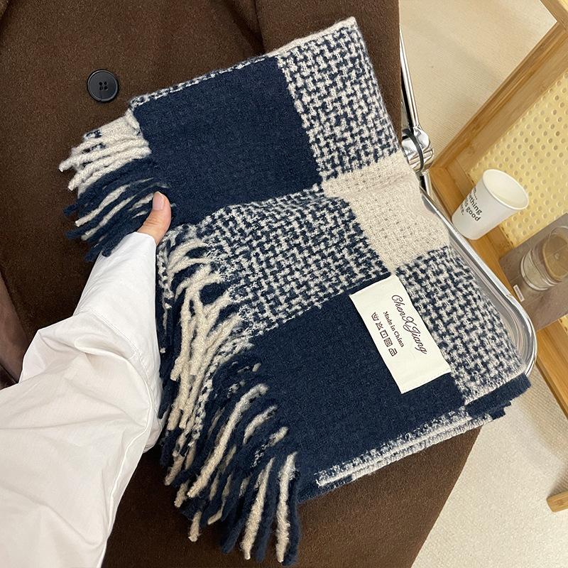 Thick Imitation Cashmere Large Checkered Tassel Scarf for Girls in Autumn and Winter Retro Long Shawl Showing Face Small Warm Scarf