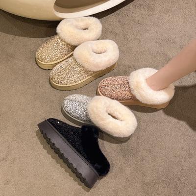 Women's Wide Width Platform Snow Boots, Sequins Embellished Faux Fur Cuff Booties, Thick Warm Winter Ankle Boots for Women