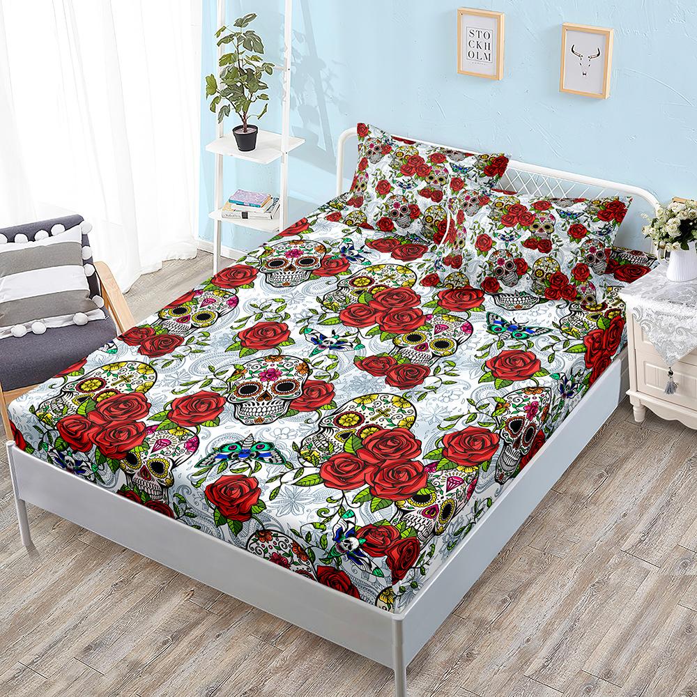 Flower Skull Mattress Three-Piece Set, Bed Cover, Pillowcase, Mattress Protective Cover, Bed Sheet All Inclusive