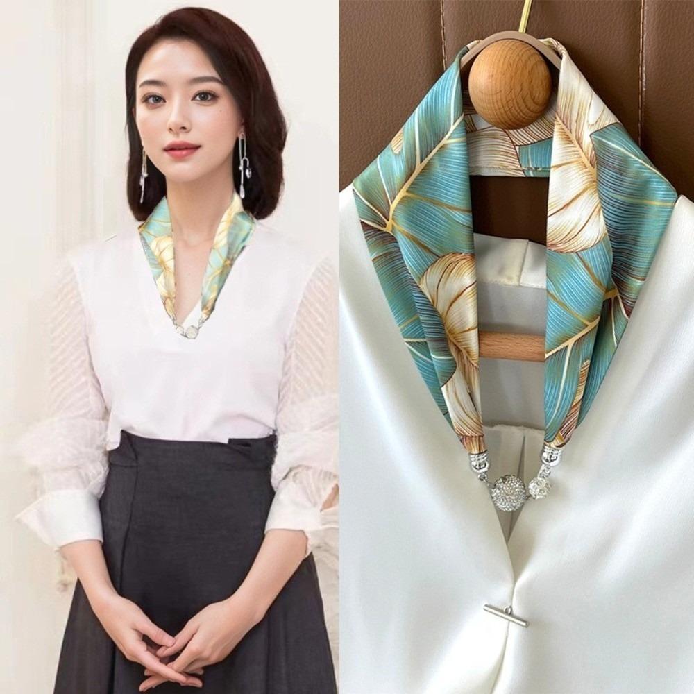 Pearl Diamond Silk Scarf Korean Retro Women's Scarf Chain Magnetic Buckle Scarf  Effortless Styling