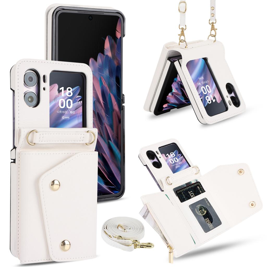 Multi-functional Crossbody Leather Zipper Wallet Cards Solt Case For OPPO Find N2 Flip 5G  Long Rope Lanyard Card Bag RFID Cover