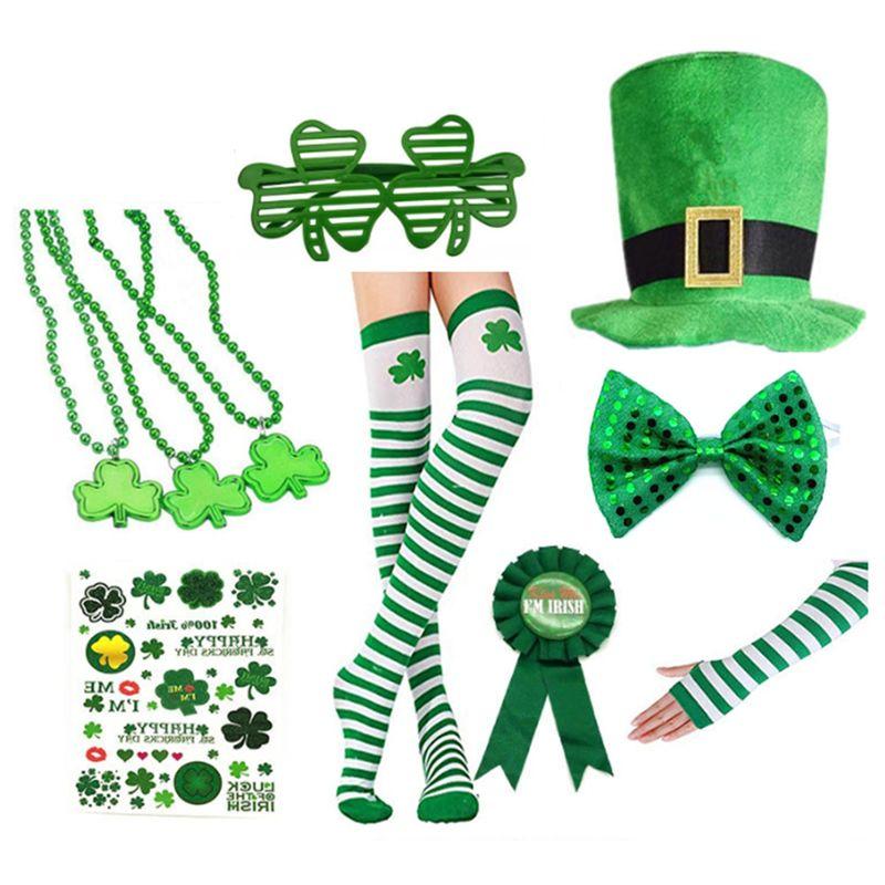 A20F-St. Patrick's Day Costume Accessories Set For Shamrock Socks Gloves Glasses Stickers Cosplay For Party Decoration