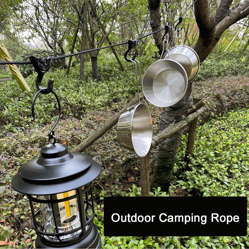Camping Clothesline Non-slip Outdoor Clothespins Portable Travel Windproof Adjustable with 7 Hooks for Home Picnic Hiking