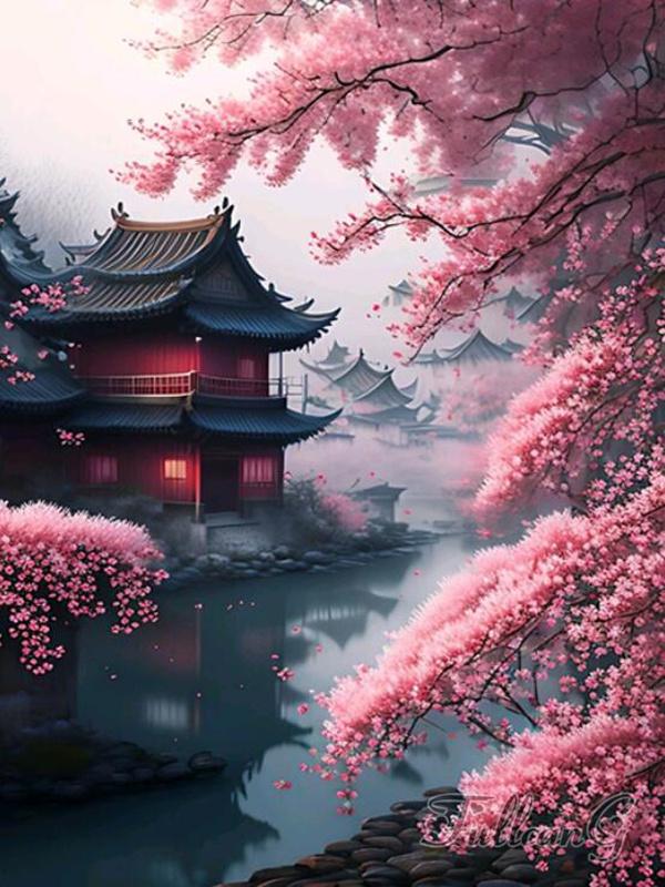 Japanese Cherry Blossoms Diamond Painting New Arrivals Waterfall Temple Landscape Full Rhinestone Embroidery Mosaic Cross Stitch Kits AA4518