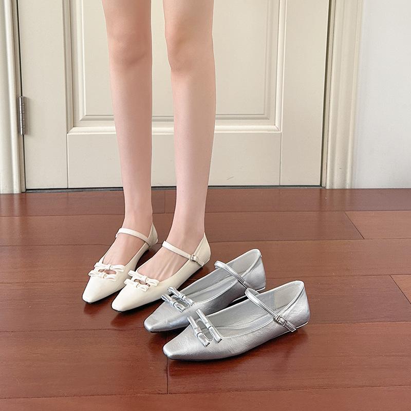 Square Head Single Shoes Women's New Bow Light Mouth Thick Heel Flat Silver Mary Jane Floating Shoes