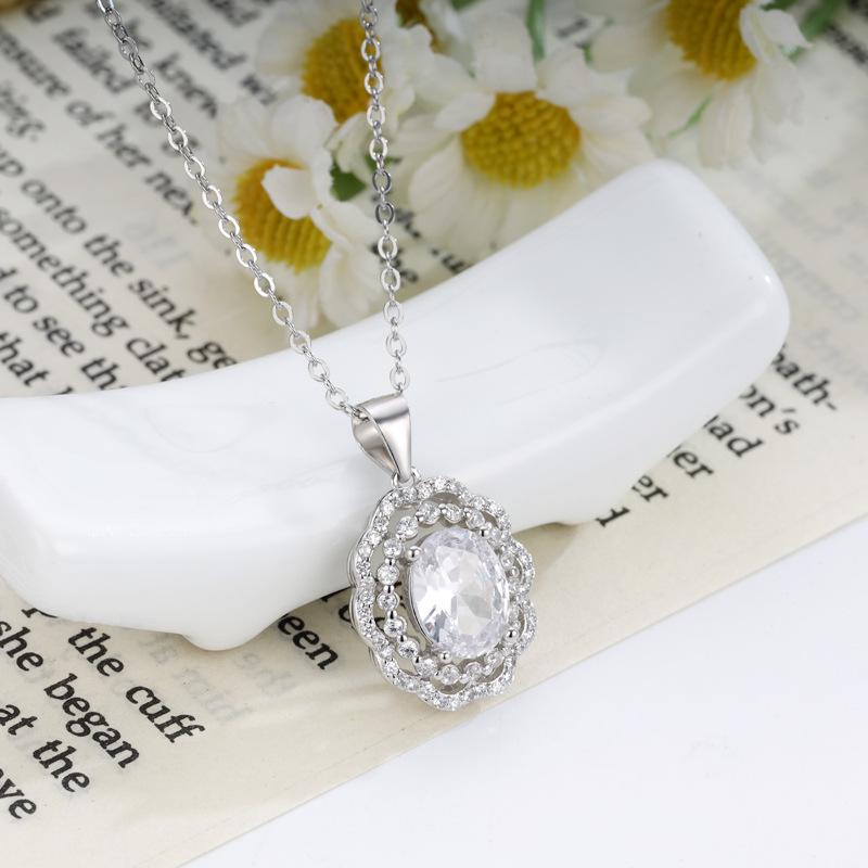 European & American Style S925 Oval Zircon Necklace: Versatile High-End Geometric Gemstone Pendant for Women