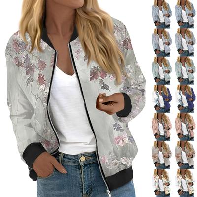 Modische, lässige Langarmjacke mit Blumendruck und Rundhalsausschnitt für Damen