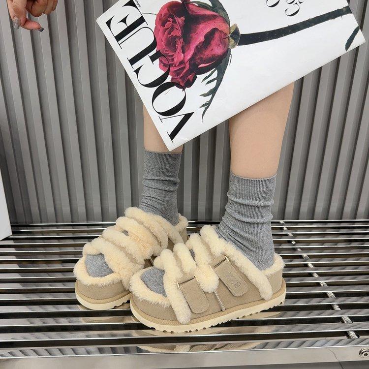 [Youshilai] 2025 Autumn and Winter New Platform Slippers with Plush One-word Fluff Drag Lazy Double Buckle Platform Women's Shoes