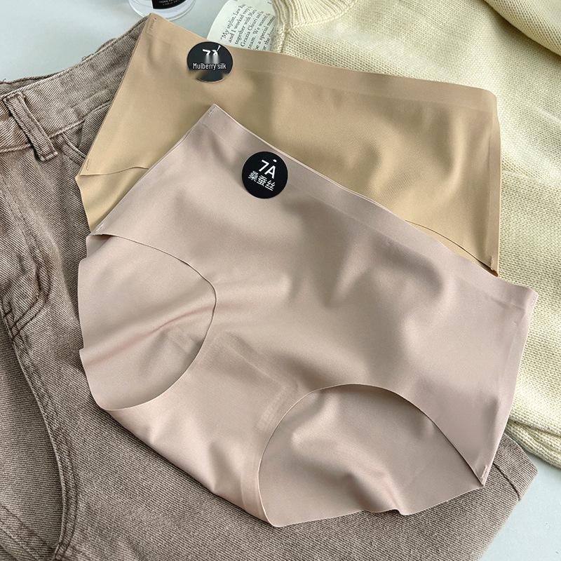 7A Mulberry Silk Antibacterial Seamless Mid-Waist Panties for Women - Simple Morandi Solid Color