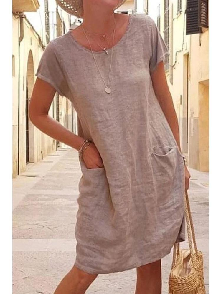 Women Casual Summer Cotton Linen Dress Washed Solid Color Round Neck Short Sleeve Loose Fit Pocket Dress