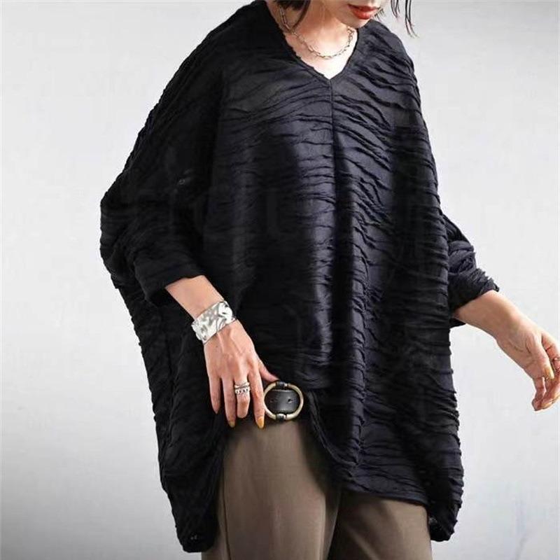 Spring Autumn Solid Color Loose Casual Tee Women Batwing Long Sleeve Folds V-neck Pullover T-shirt Female Top