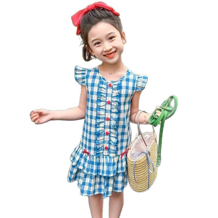 Girls Summer Sweet Checkered Sleeveless Dress