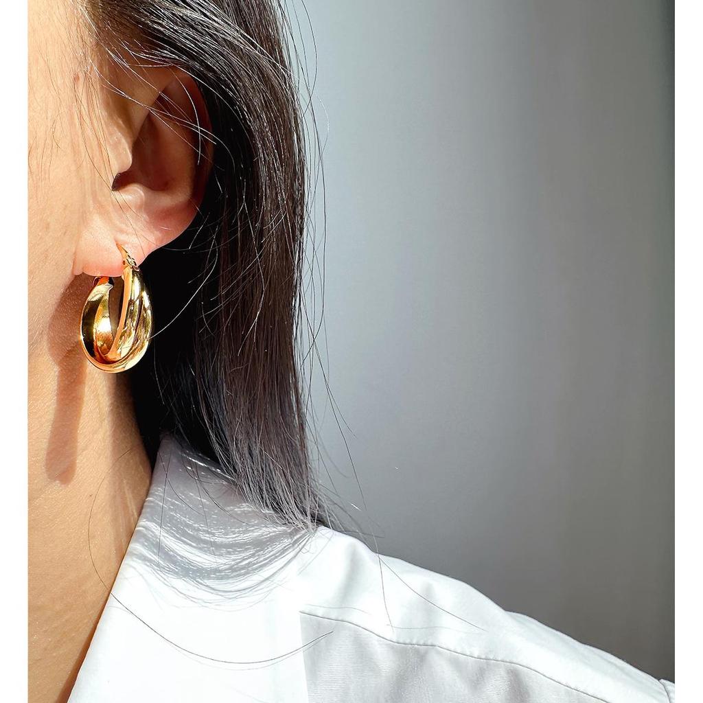 Chic Double-Line Cross Circular Earrings - Women's Fashion Metal Hoops