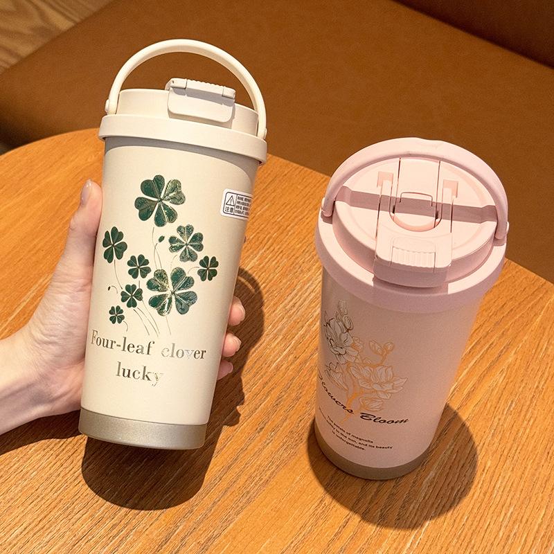 Four-leaf Clover Double Drink Thermos Cup Gift Box Coffee Cup Straw Cup Stainless Steel Portable Fall Proof