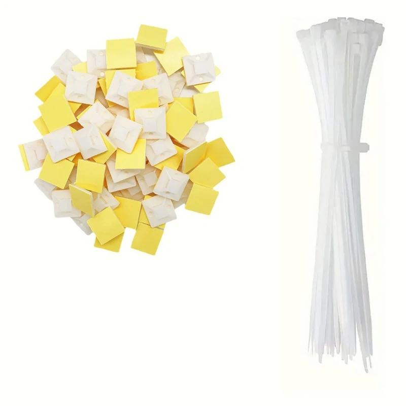 200-Piece Zip Tie Bracket with Self-Adhesive Backing - Cable Management Clips and Wall Anchors for Secure Wire Fixation