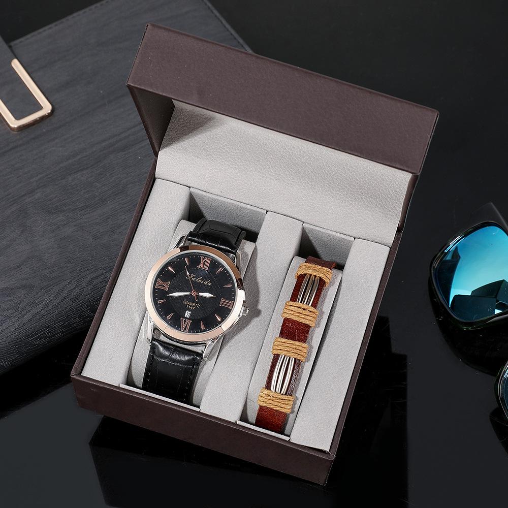 

Мужской новый комплект часов из 2 предметов + повседневный простой браслет из воловьей кожи с календарем, набор кварцевых часов