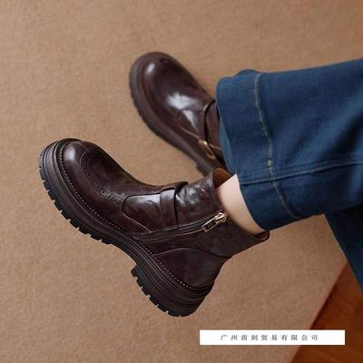 Huge Good-looking Soft Leather Platform British Martin Boots Women's French Short Boots Black Velvet Boots