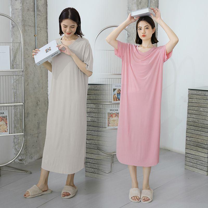 Modal Loose Nightdress Women's Summer Home Thin Casual Dress Ice Silk plus Size Slim Looking Short Sleeve Dress