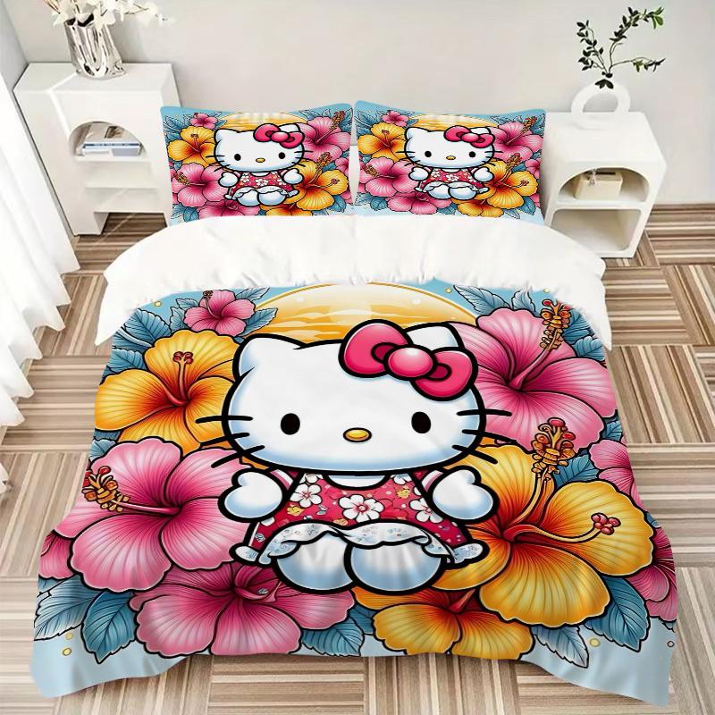 3pcs Hello Kitty in Tropical Paradise Bedding Set - Includes 1 Quilt Cover and 2 Pillowcases, Comfortable Bedding with Stylish Design for Be