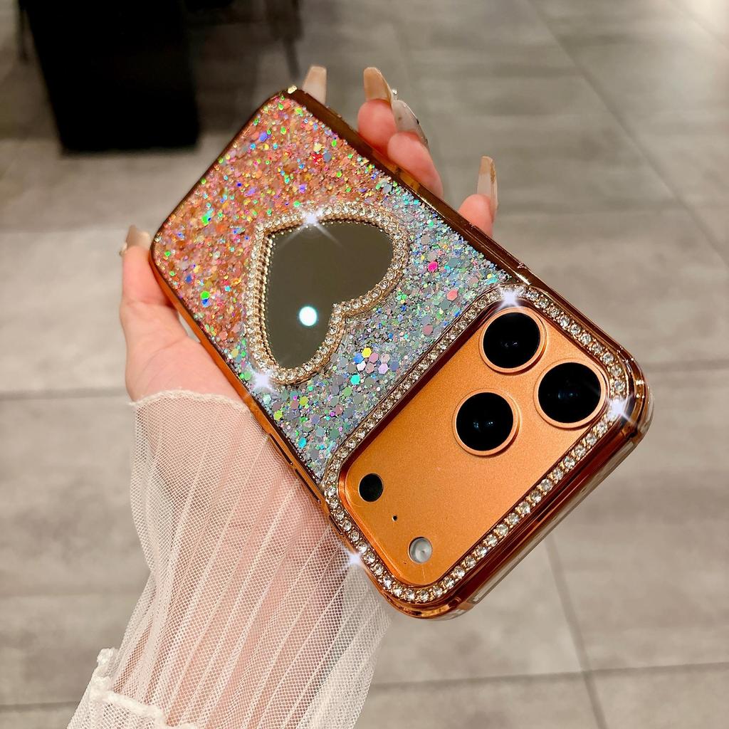 Glitter Epoxy Heart Mirror Rhinestone Case for iPhone 15/16/17 Pro Max