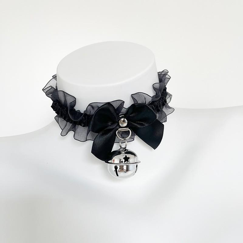 Black Bow Bell Choker Lolita Cute Lace Stretch Wristband Leg Ring Set