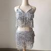 Belly Dancer Outfit Sequin Tassel Bra Top with Fringe Hip Scarf Set Sparkling Rave Party Costume for Women Girls
