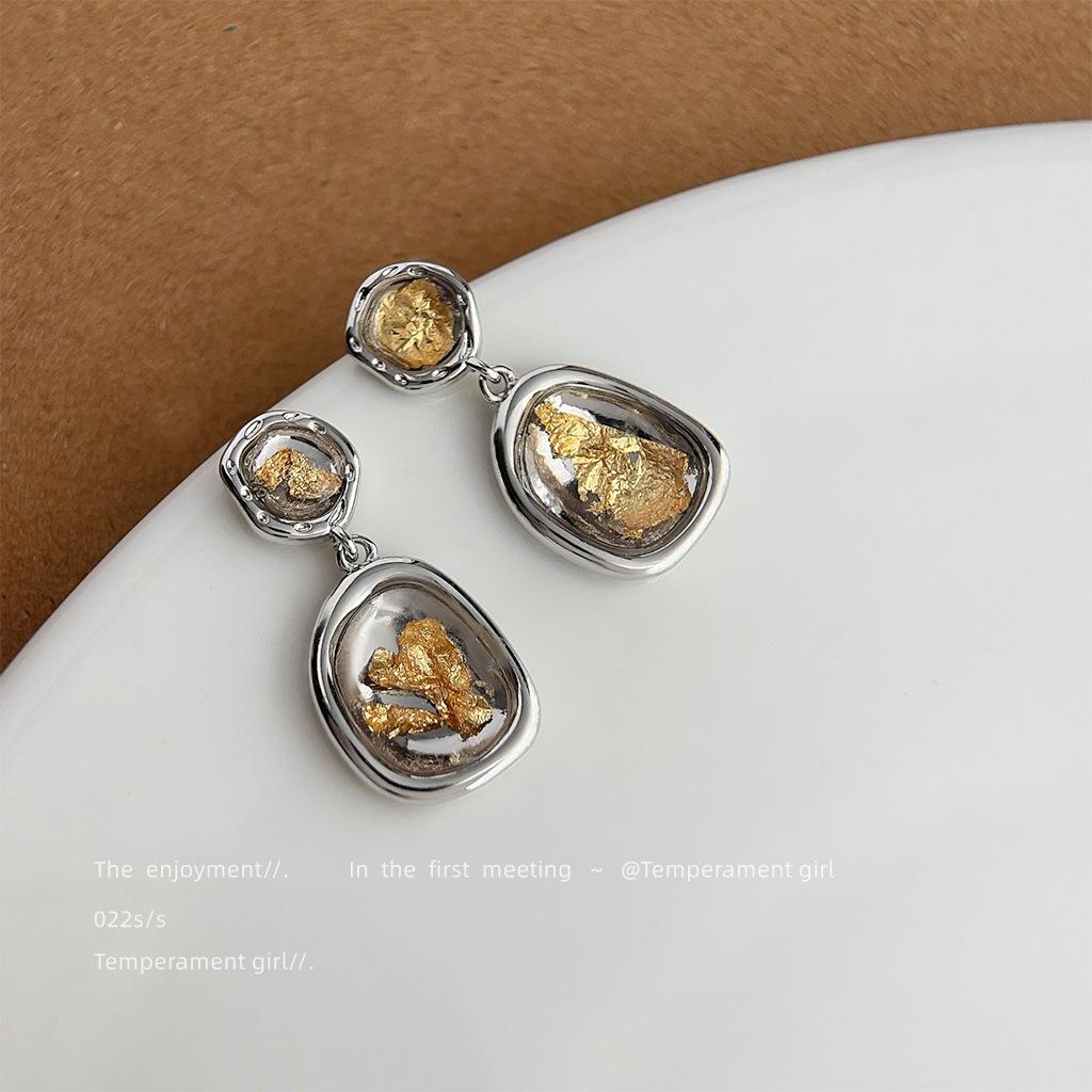 Designer geometric gold foil texture handmade earrings French irregular cold wind earrings