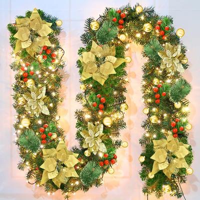 Artificial Christmas Garland Rattan For Front Door With Led Light Fireplace Stairs Hanging Ornaments Christmas Home Decoration