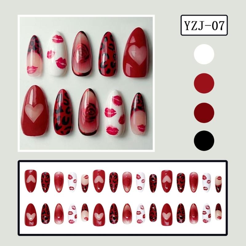 Pack Of 30Pieces False Nail Red Lips Rose Leopard Art Artificial Nail For Parties Dates And Everyday Beauty Decors