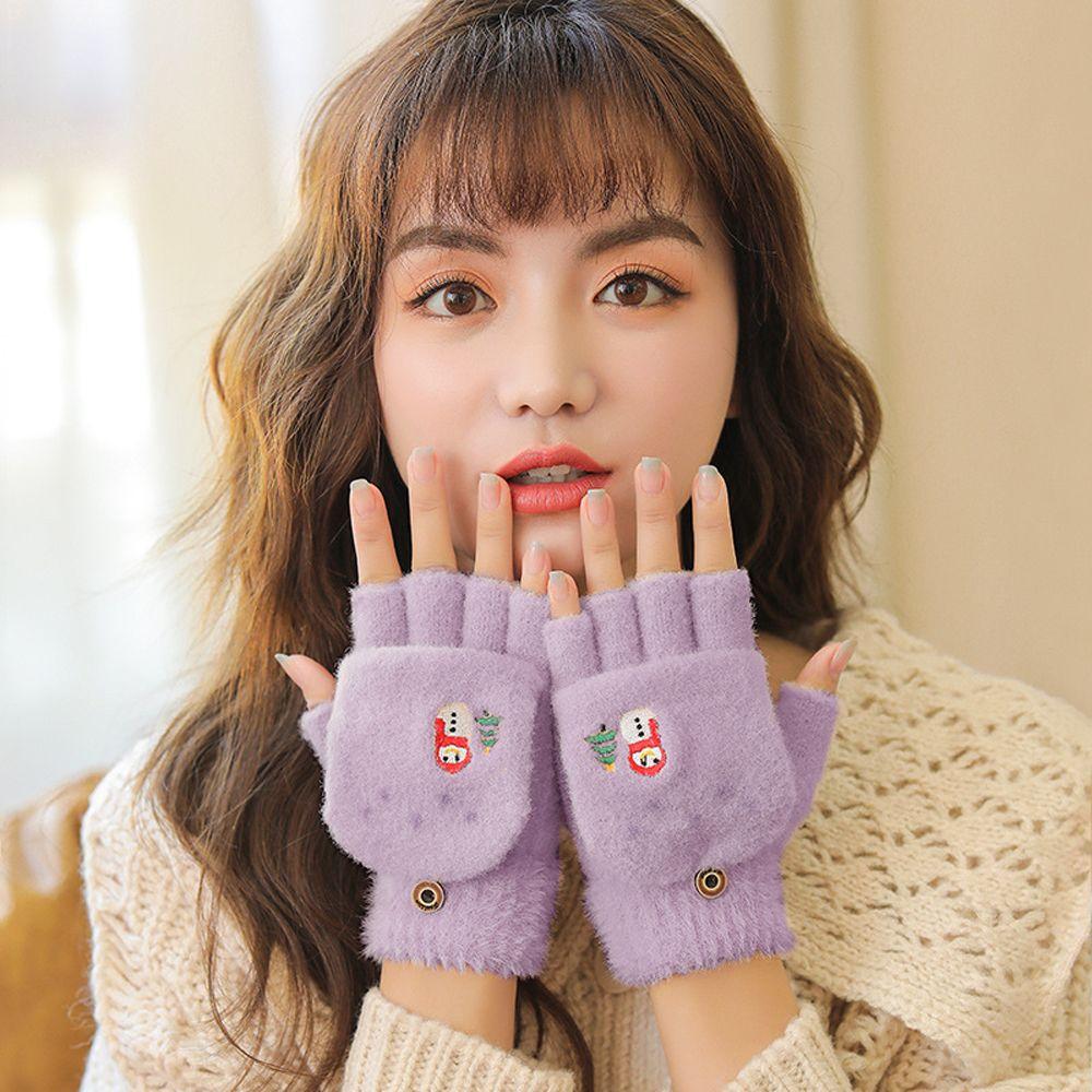 Color Plush Windproof Outdoor Half Finger Gloves Women's Gloves Flip Cover Gloves Thick Mittens