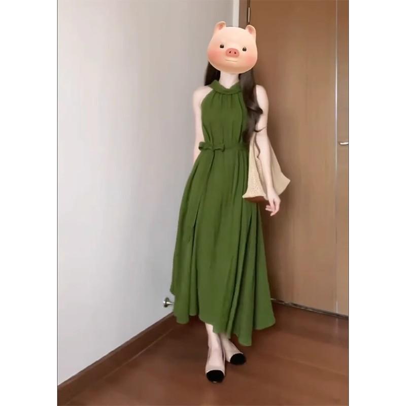 Premium green neck sling dress children's summer new seaside vacation temperament dress