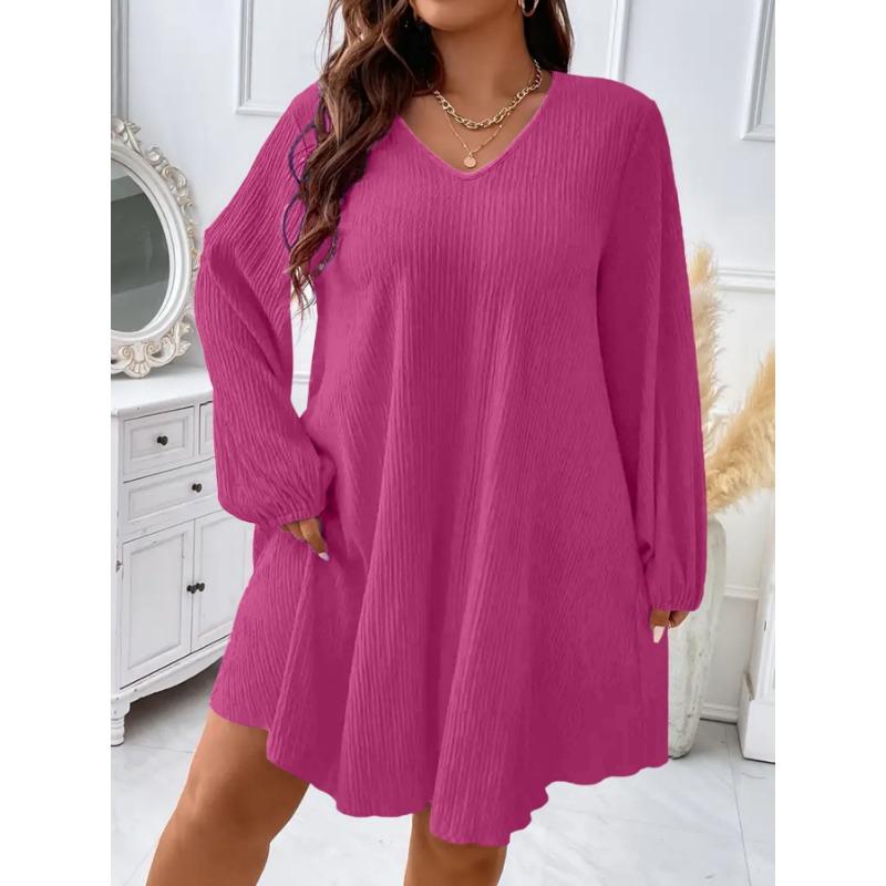 Women Fashion V Neck Long Sleeve Loose Plus Size Midi Dress