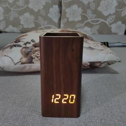 

Simple Electronic Pen Holder Alarm Clock Student Desktop Creative Multifunctional Night Light Bedside Clock pencil holder коричневий