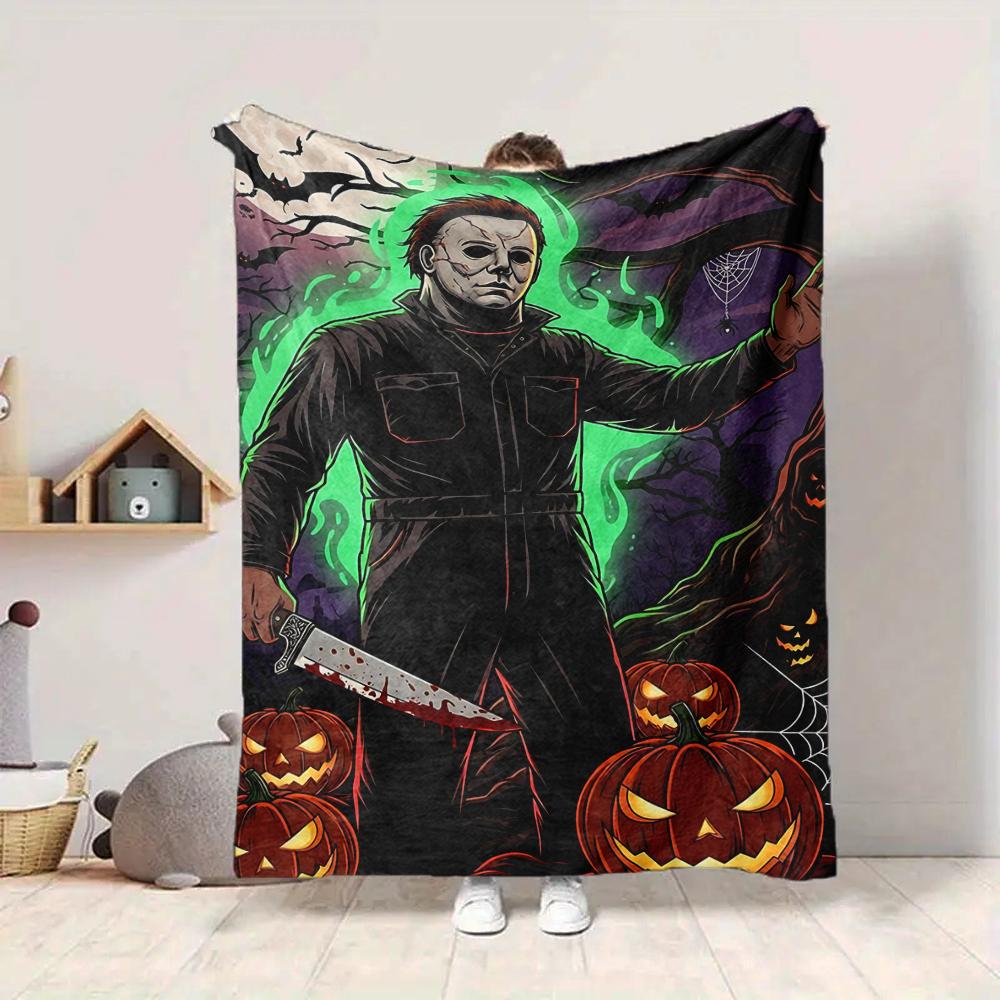 1Pc Halloween Horror Icon Flannel Blanket, Soft And Comfortable, Casual Warm, Camping Travel, Christmas, Halloween Xmas Gift N1333