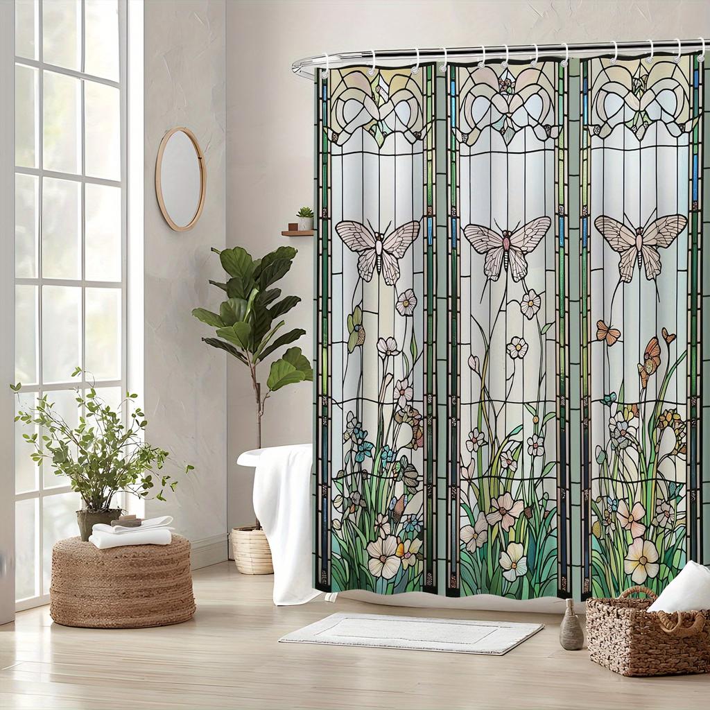 1pc Art Nouveau Floral & Butterfly Shower Curtain - 70x70In Polyester, Vibrant Colors, Machine Washable, 12 Hooks, Bath Decor