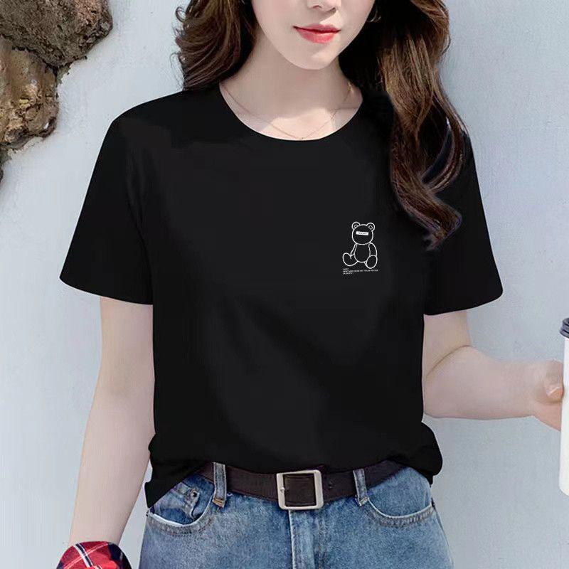 Women's Black Pure Cotton Plus Size Round Neck Short Sleeve T-shirt - 2025 Summer Versatile Loose Fit