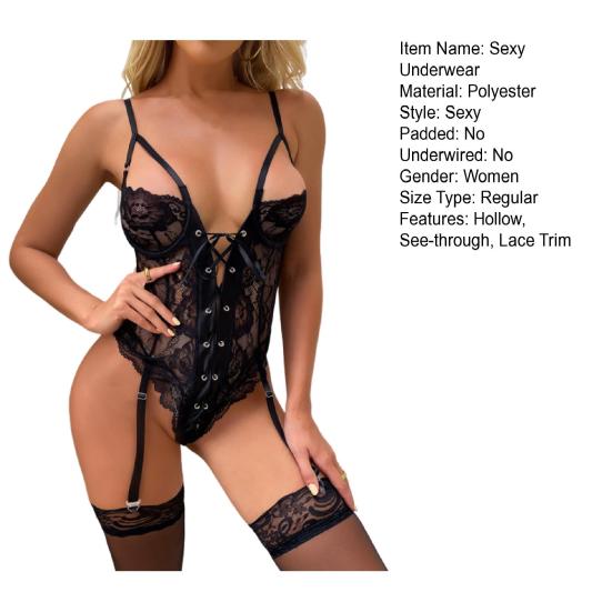 2Pcs/Set Sexy Underwear Set Deep V-Neck Bandage Design Jumpsuit Stockings Set Lace Splicing Hollow See-Through Sleepwear