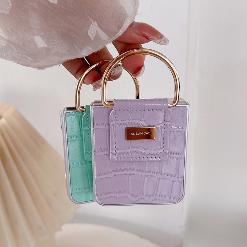 Hand Carry Ring Folding All-Inclusive Protective Cover for Samsung Z Flip7/6 Z Flip3/4/5 Crocodile Pattern PU Leather Phone Case