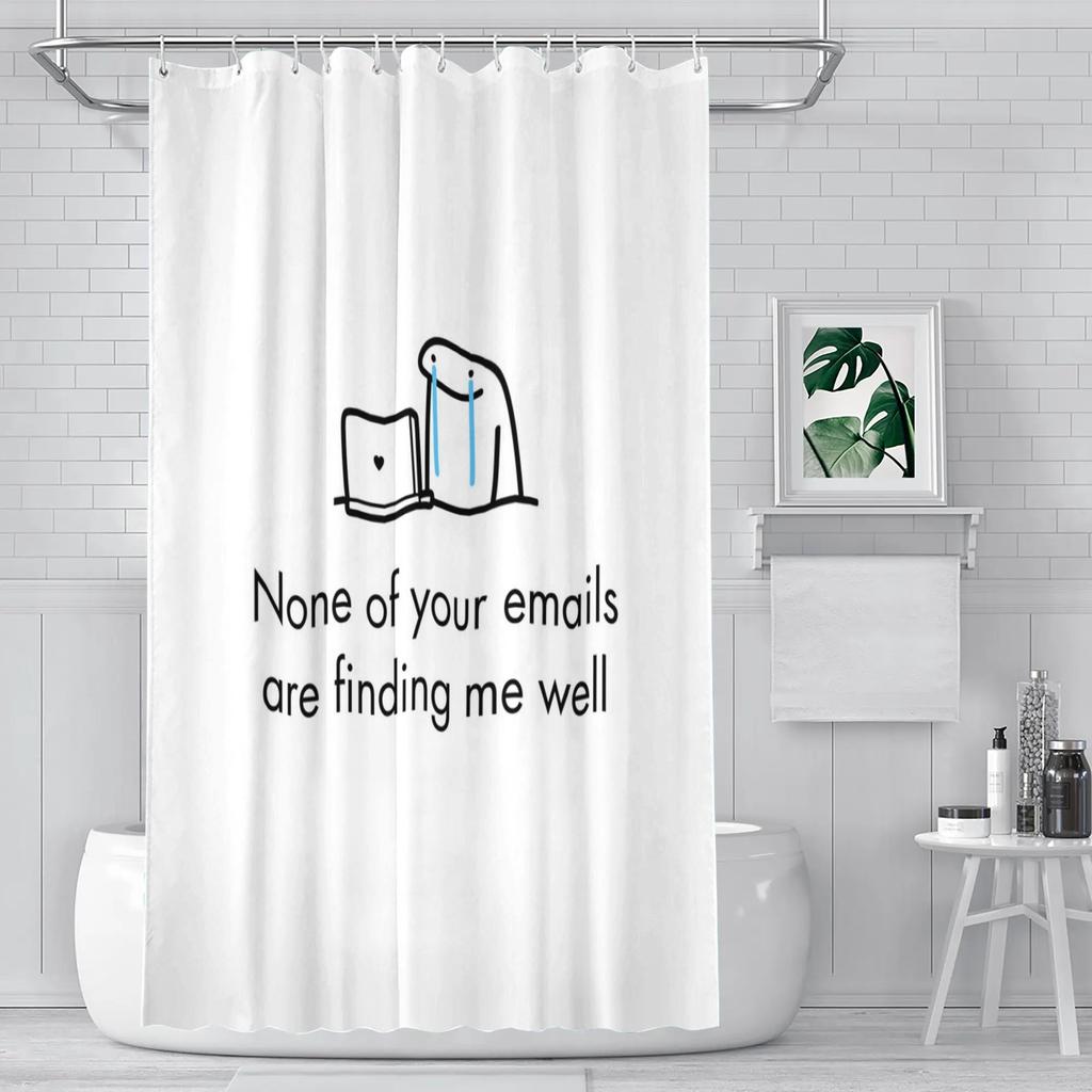 Funny Quote Shower Curtain – “None Of Your Emails Are Finding Me Well”, Laptop & Towel Art, Minimalist White Design