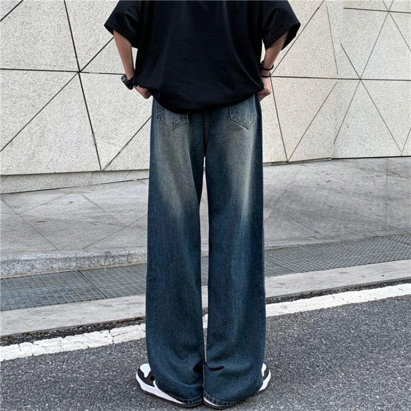 Herren K Blau Weites Bein Jeans Lockerer Schnitt Hohe Taille Lässig Denim Hose Streetwear Bot