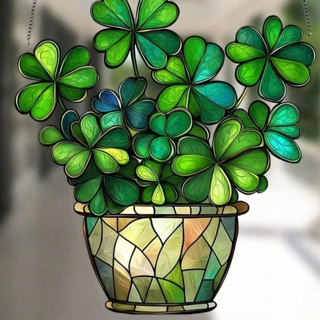1PCS St. Patrick's Day Lucky Clover Sun Catcher - Window Hanging Decoration, Colorful Glass Style Home Office Light Catcher,