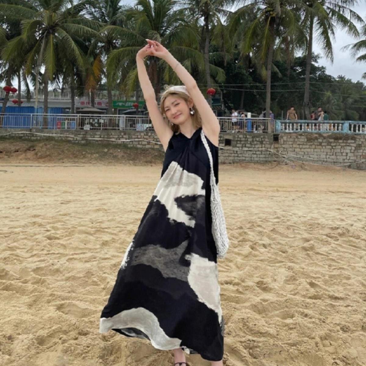 Sleeveless Summer Relaxed Fit Chinese Ink Print Dress for Women 2XL