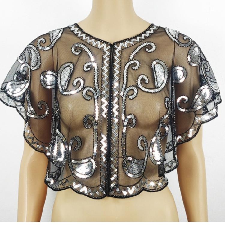 Short Mesh Shawl For Formal Clothes Feature Secure Sequins Detail Soft Polyester Cover Up Easy To Fold And Carry