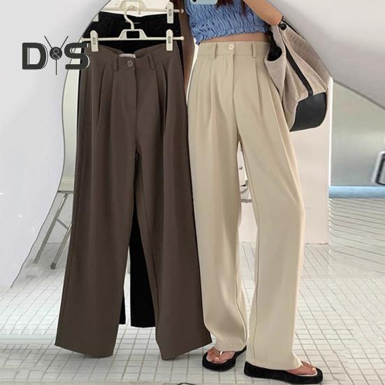 Women Suit Pants Button Zipper Fly High Waist Long Trousers Solid Color Straight Wide Leg Office Lady Pants