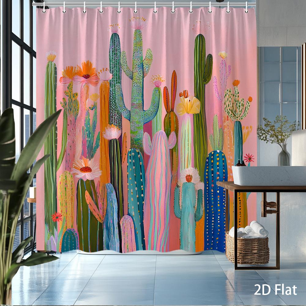 1Pc Desert Botanical Shower Curtain Abstract Cacti & Blossoms In Pink, Teal, Coral On Rose Ground, Print For Bathroom Decor