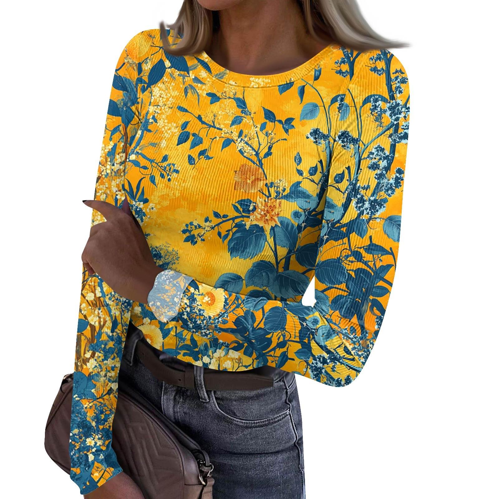 

Женская и зимняя футболка с тонким низом, модная повседневная футболка с градиентным принтом и круглым вырезом, пуловер с длинным рукавом M жёлтый