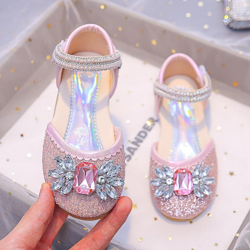 2024 New Girls Sandals Toes Wrapped Versatile Rhinestones Cute Rhinestones Kids Fashion Non-slip Princess Mary Janes for Wedding