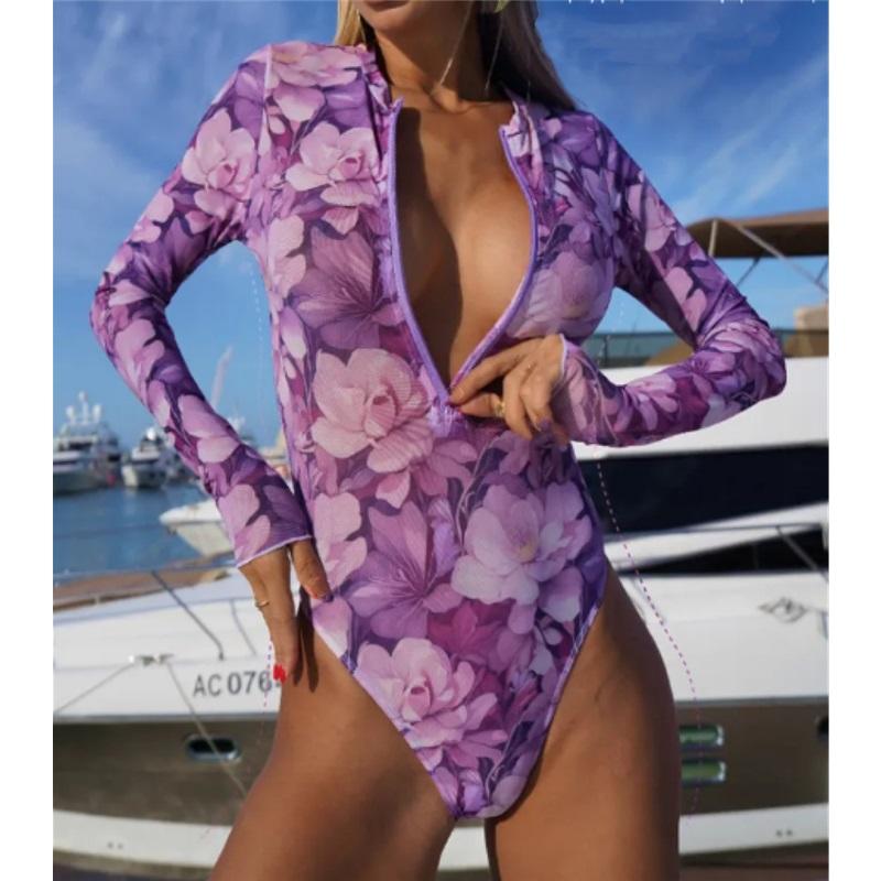 Women Long Sleeve Rash Guard One Piece Swimsuit, Zip Up UV Sun Protection Quick Dry Surfing Bathing Suit