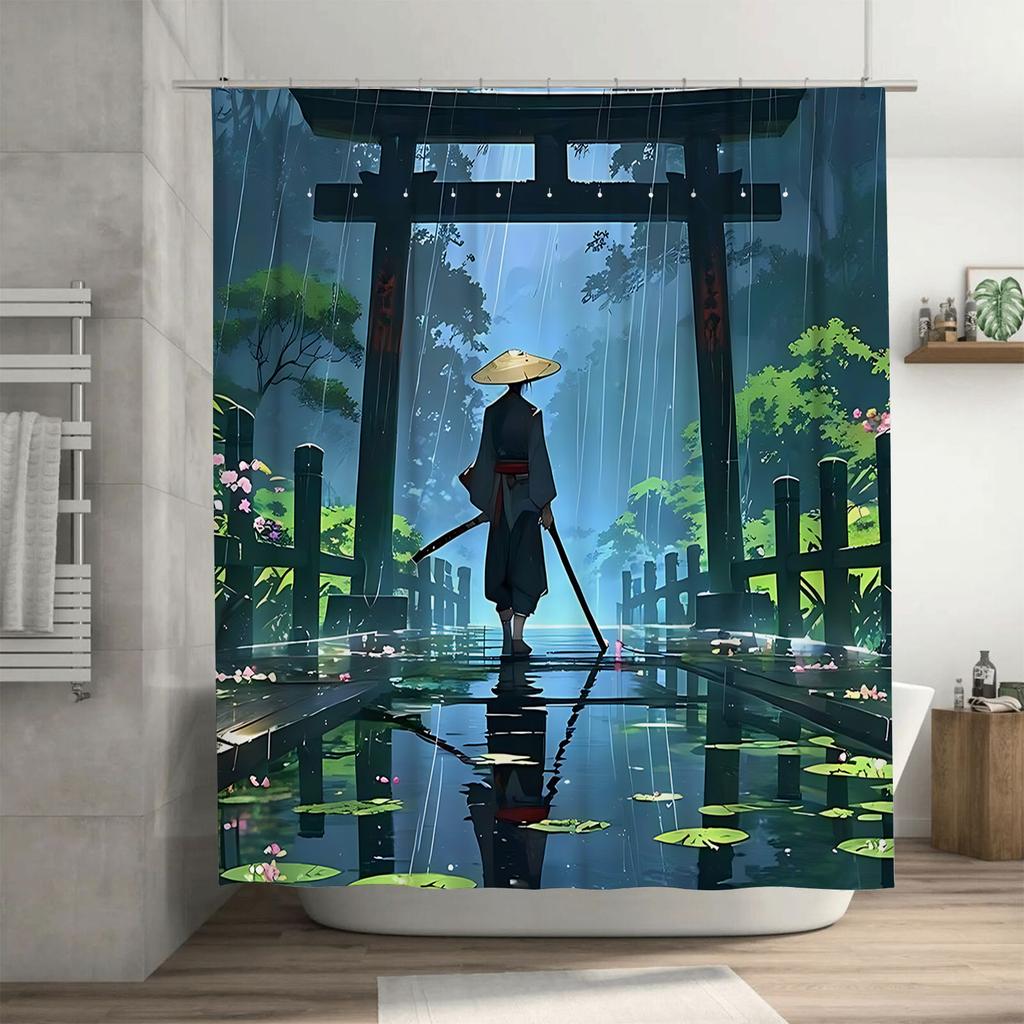 Duschvorhang im japanischen Stil Samurai-Szene Wasserdichtes Gewebe Kreative Heimdekoration Einzigartiges Design Wasserdicht Langlebig Leicht zu reinigen